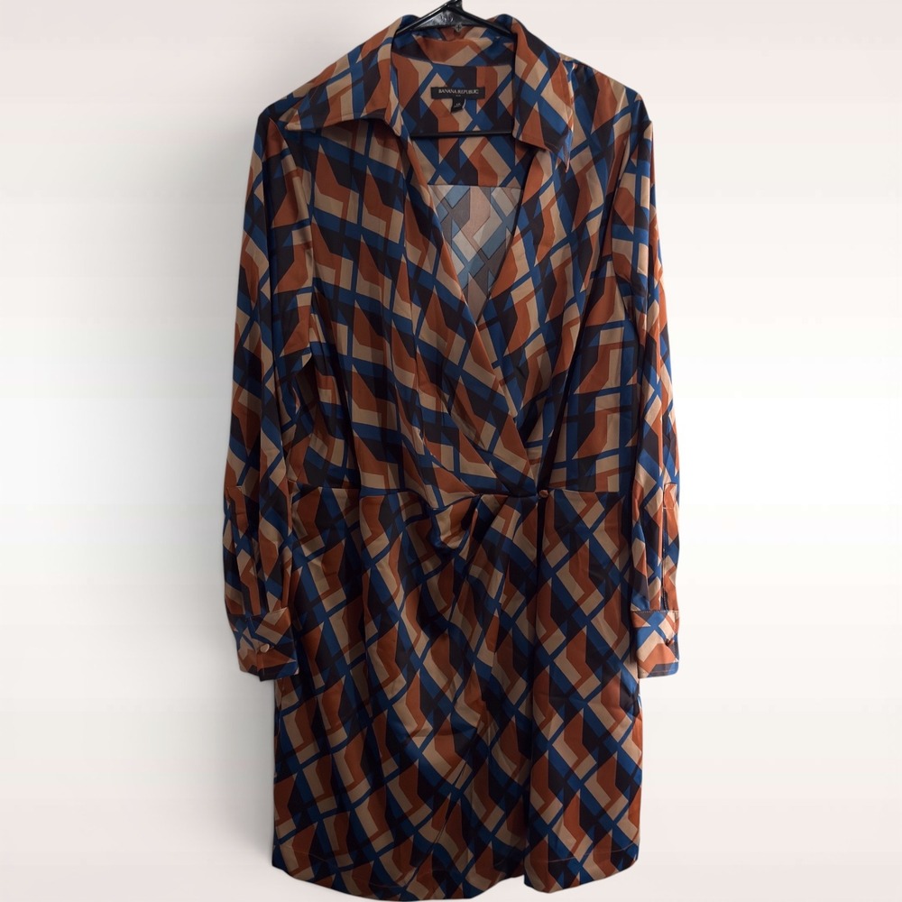Banana Republic Dress Womens 18 Faux Wrap Geometric Print Long Sleeve Mini Plus‎ - Picture 2 of 7